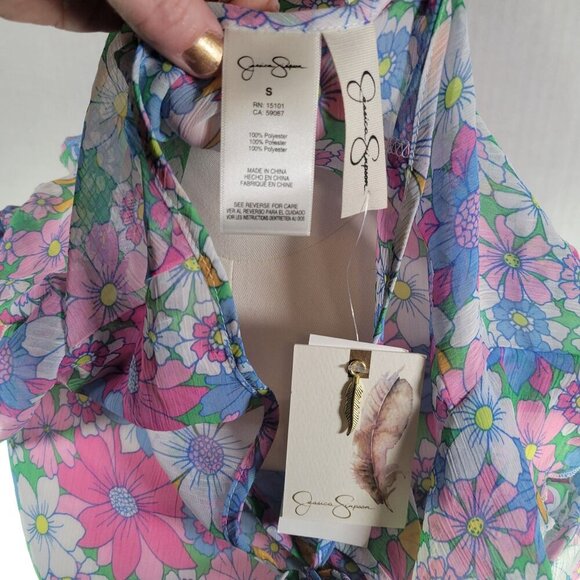 Jessica Simpson Floral Ruffle Sleeveless Keyhole Peplum Hem Sheer Top Size S - Picture 4 of 10